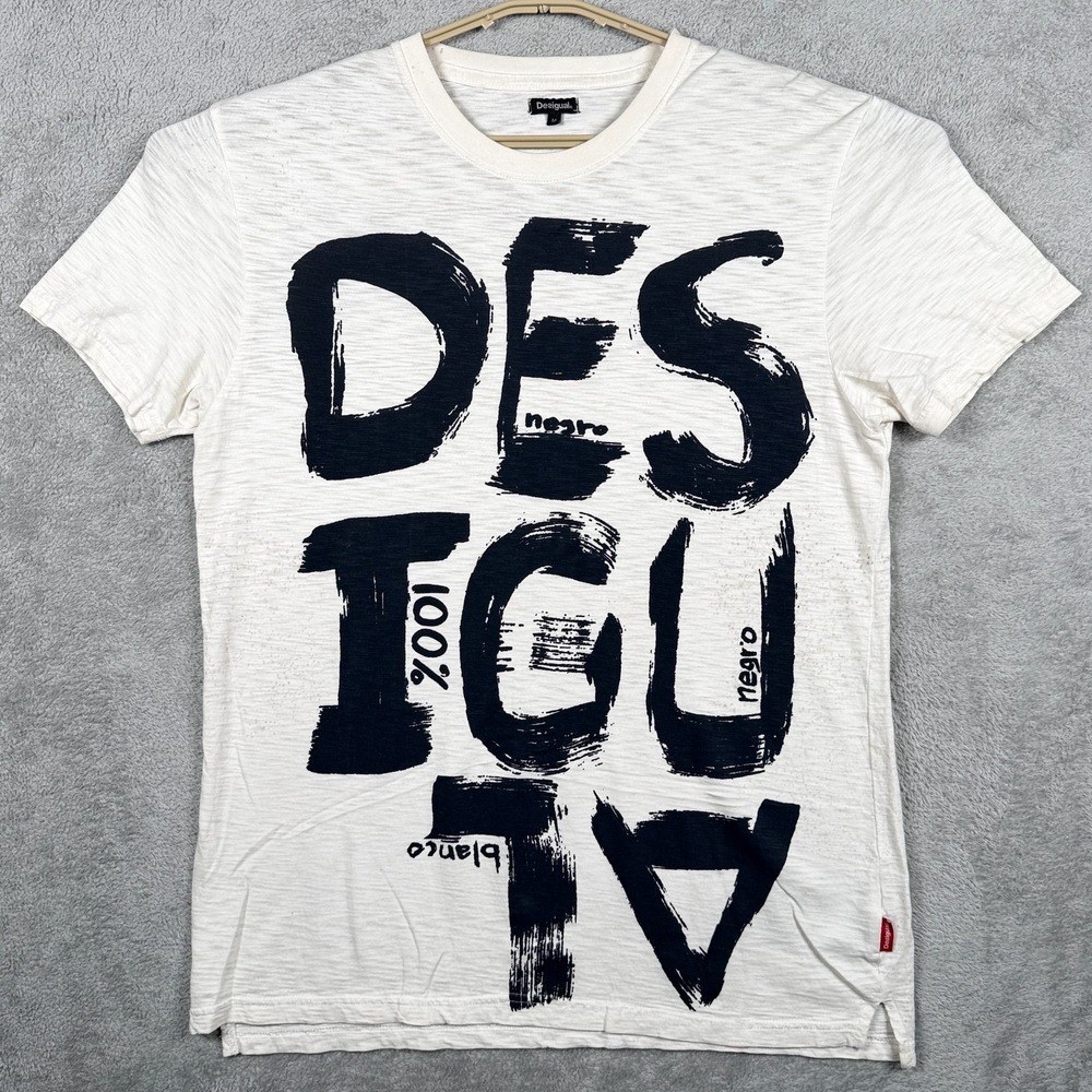 Desigual Shirt Mens Medium Ivory Heathered Crew Short Sleeve Graphic Tee *